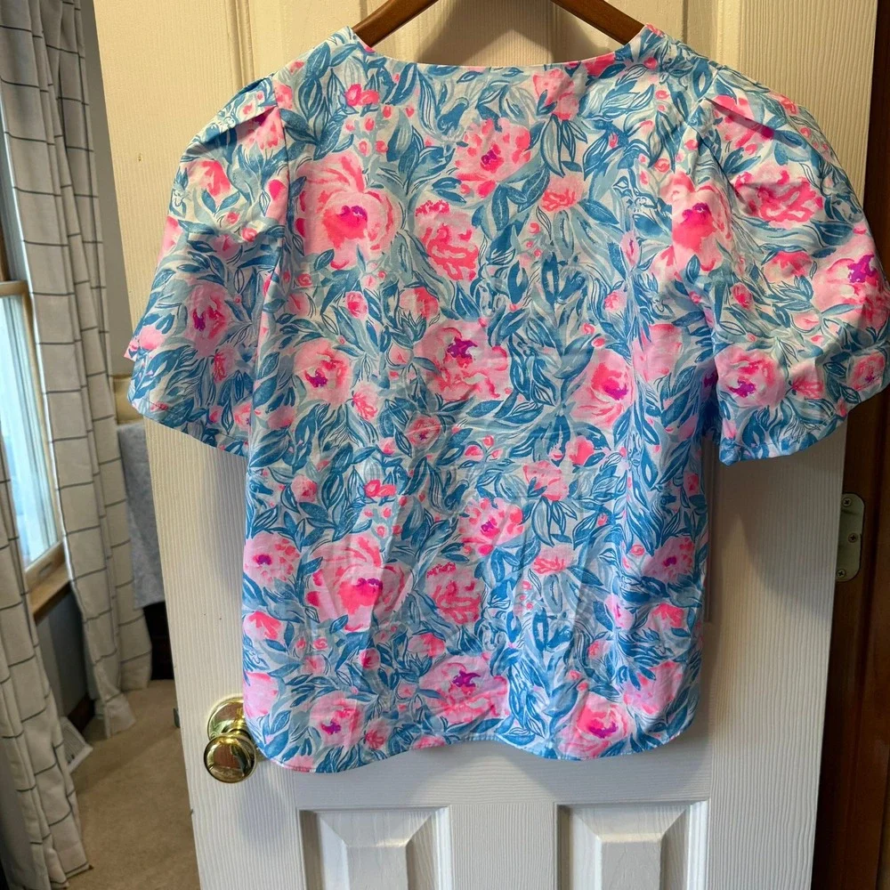 Lilly Pulitzer Ivee Top XS Bondi Blue My Little Peony Cotton Puff Sleeve V-Neck